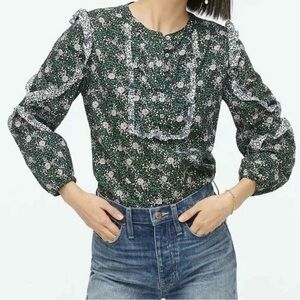 J. Crew Forest Green Floral Ruffle Blouse liberty fabrics M